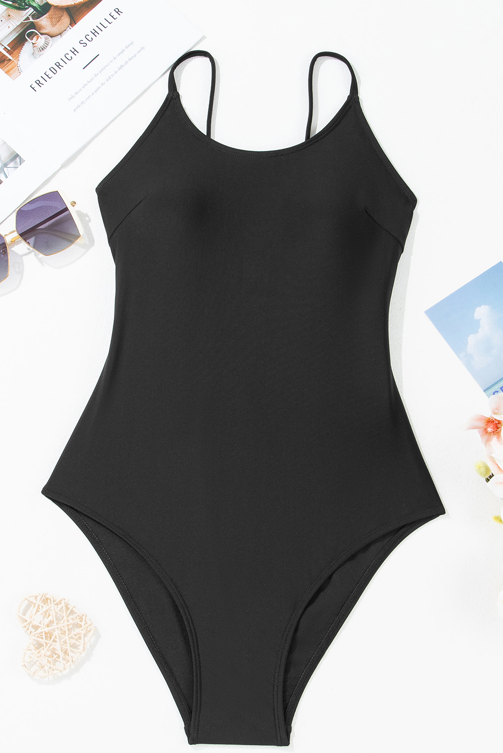 Dearlove Black Thin Strap Strappy Lace-up Open Back One Piece Swimsuit