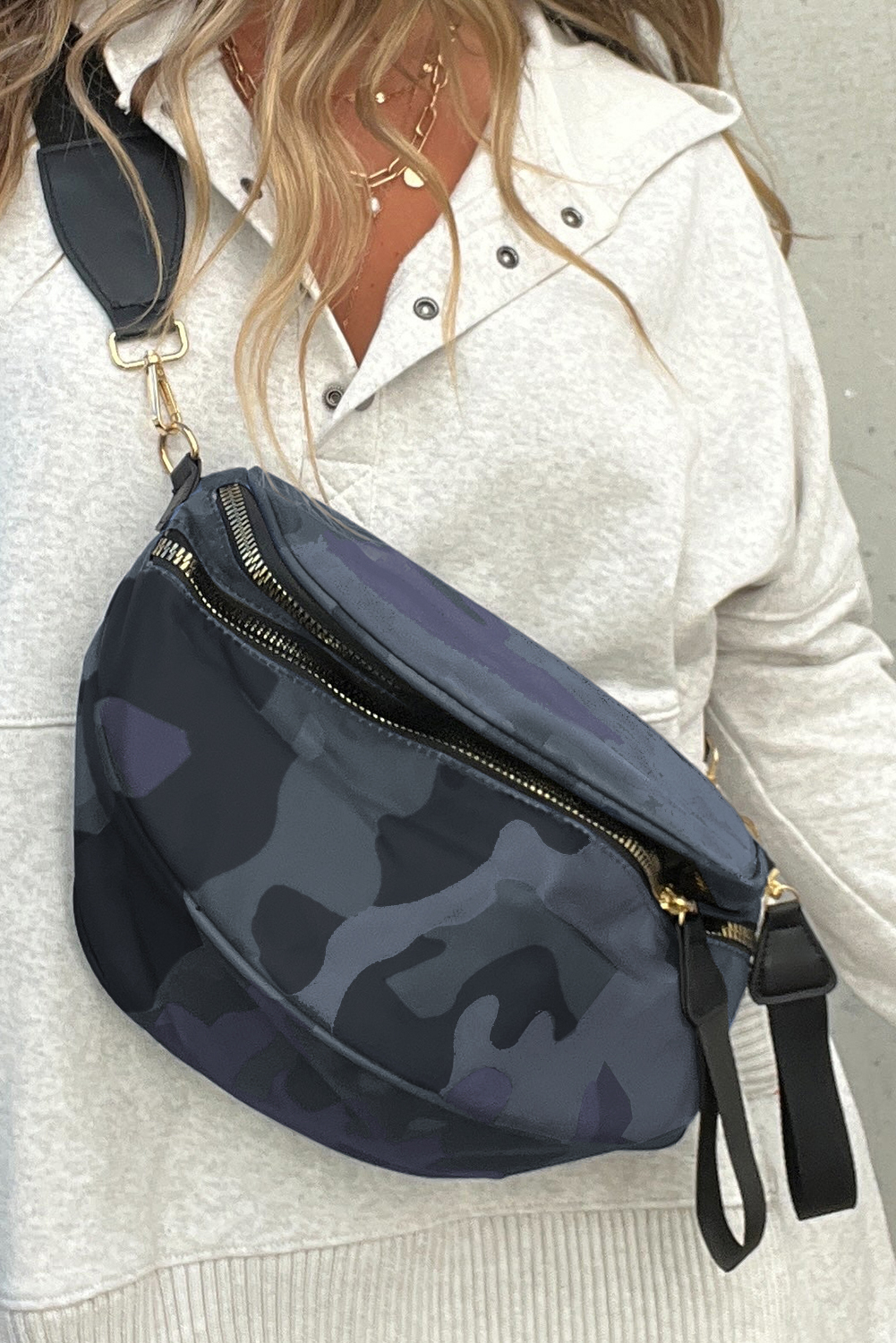 Camel Polka Dot Print Gold Chain Strap Double Zipper Crossbody Bag