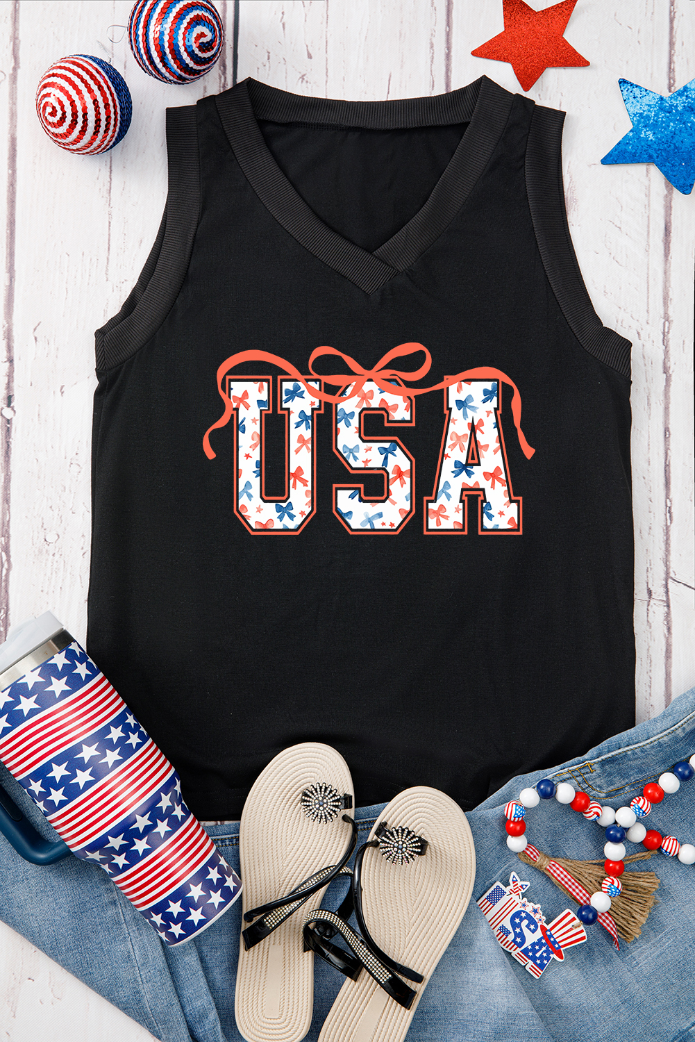 Black USA Bow Tie Print V Neck Tank Top