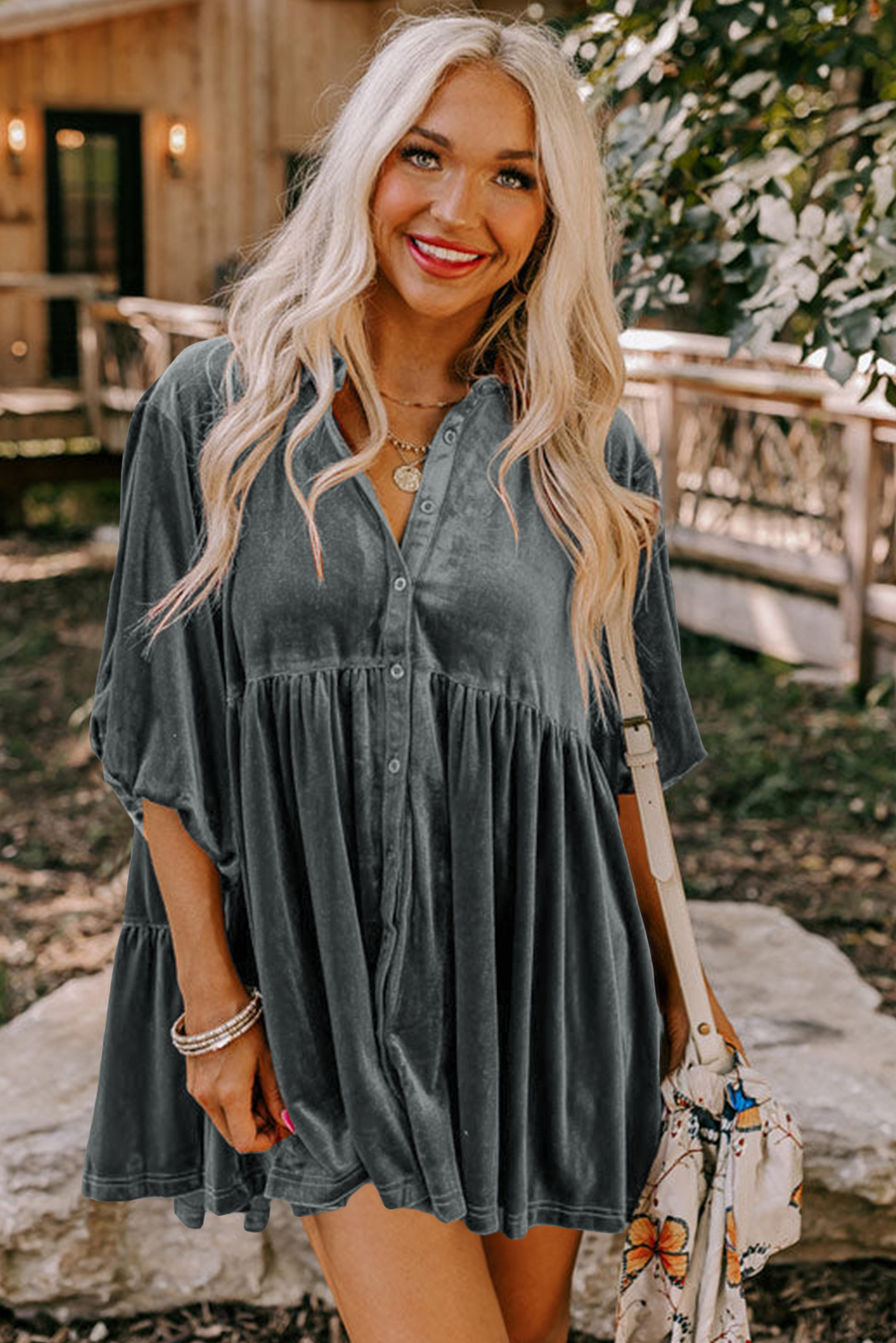 Burgundy 3/4 Sleeve Tunic Babydoll Velvet Shirt