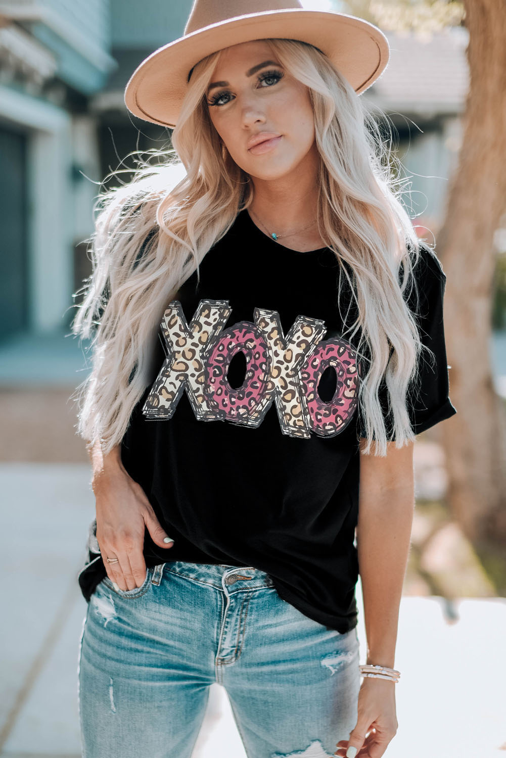 Black Leopard XOXO Print T Shirt