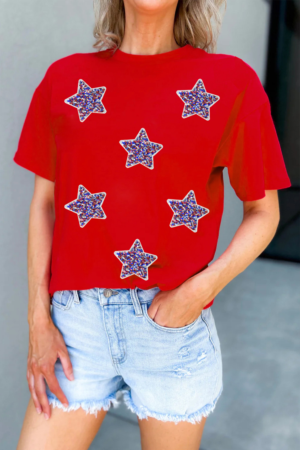Red July 4th Fashion Sequin Star Graphic T Shirt