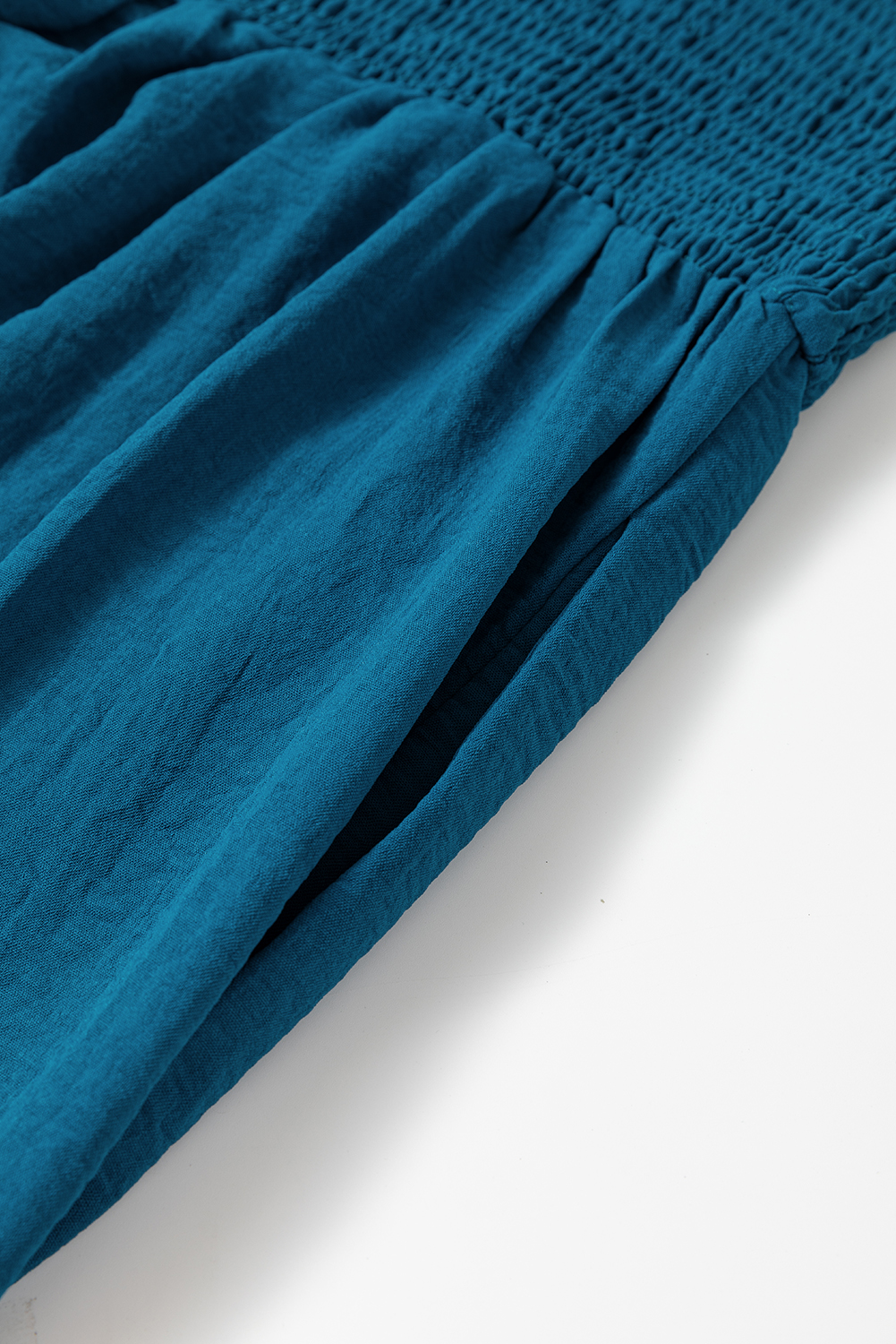Blue Casual Pocketed Smocked Sleeveless Romper