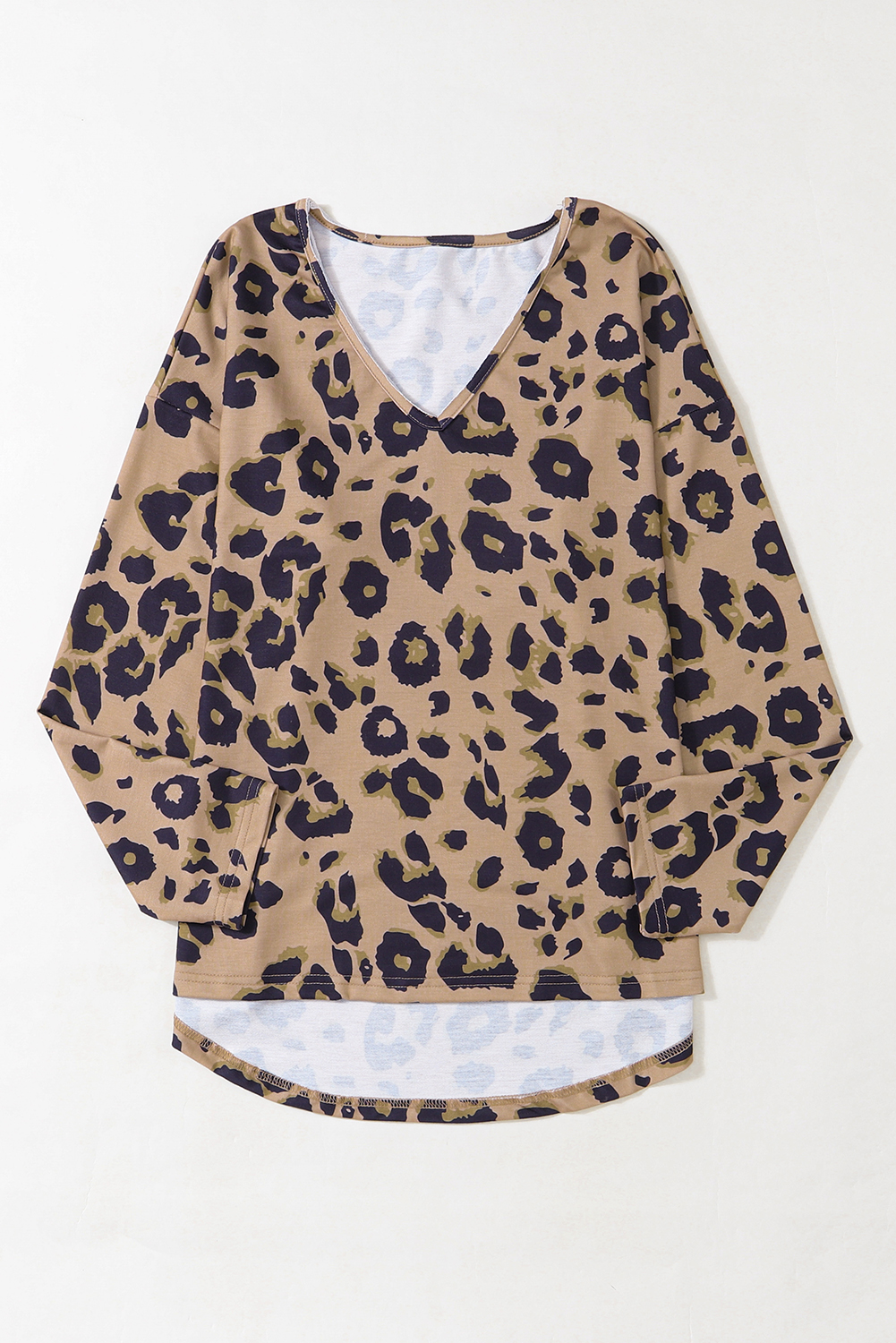 Brown Leopard Split Joint V Neck Long Sleeve Tops