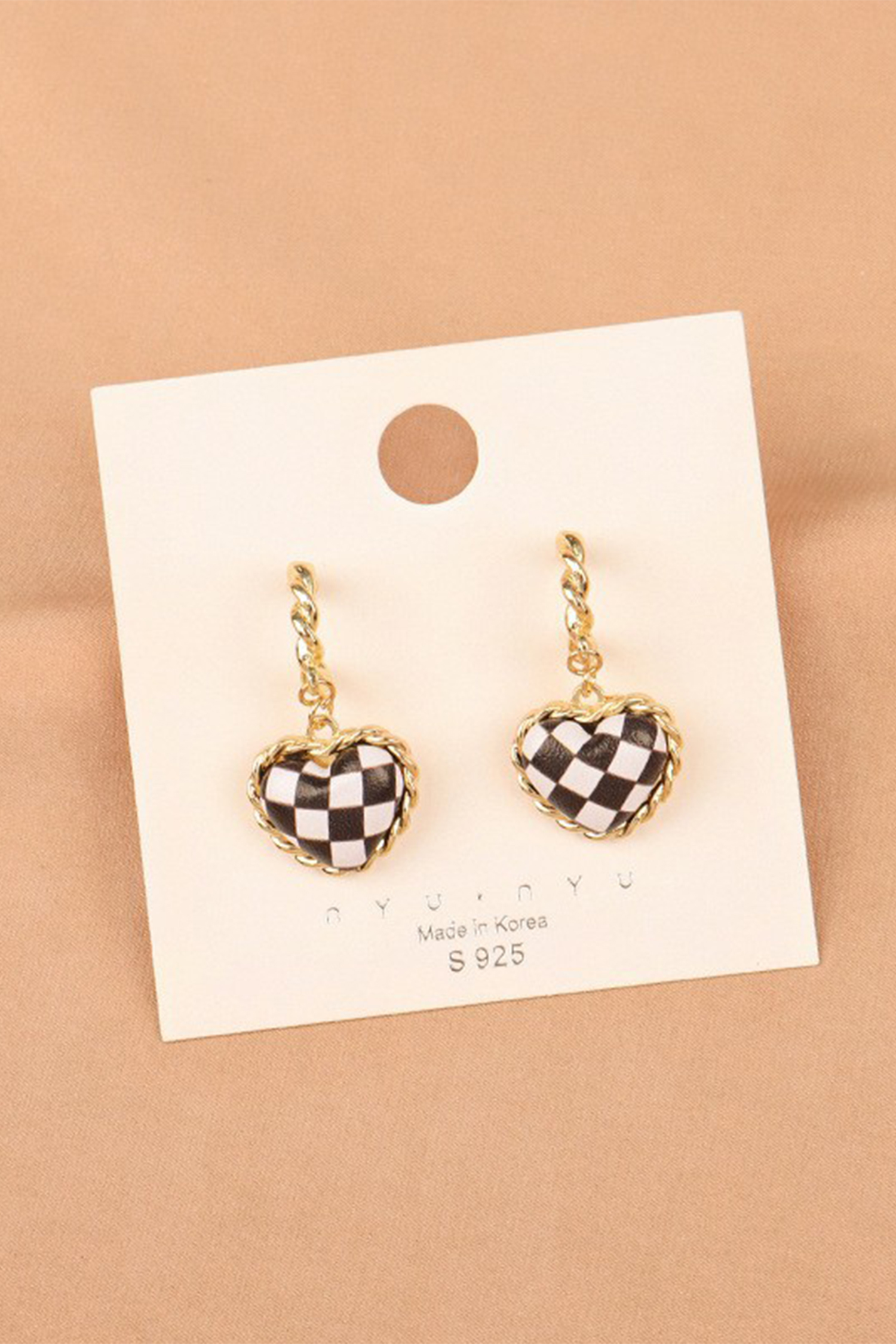 Black Checkered Heart Dangle Gold Plated Twisted Hoop Stud Earrings
