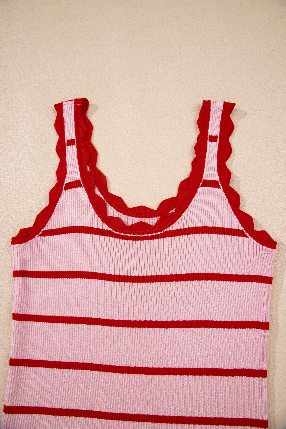 Bright Green Striped Scalloped Edge U Neck Sleeveless Sweater Vest