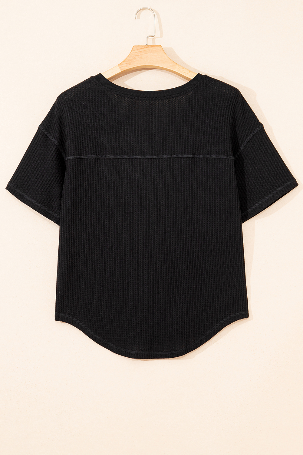 Black Waffle Texture Ribbed V Neck Drop Shoulder Loose Tee