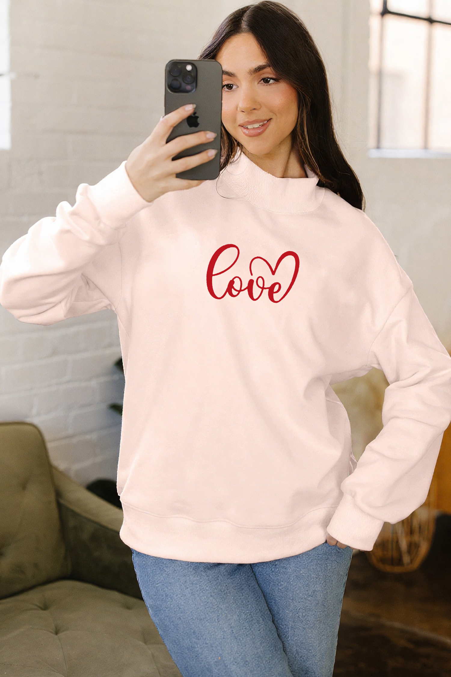 Apricot Pink Mock Neck Love Letter Embroidered Valentines Day Sweatshirt