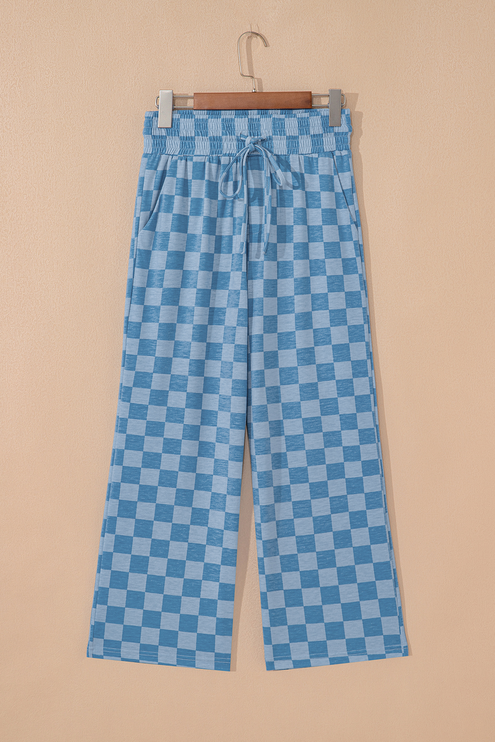 Khaki Checkered Elastic High Waist Loose Casual Pants
