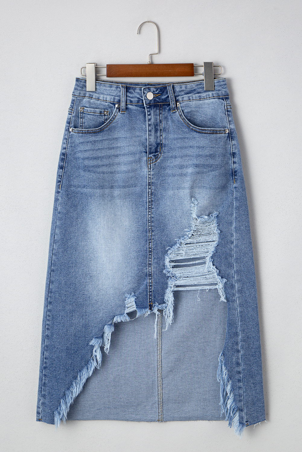 Sail Blue Dearlove Irregular Distressed Bottom Denim Midi Skirt
