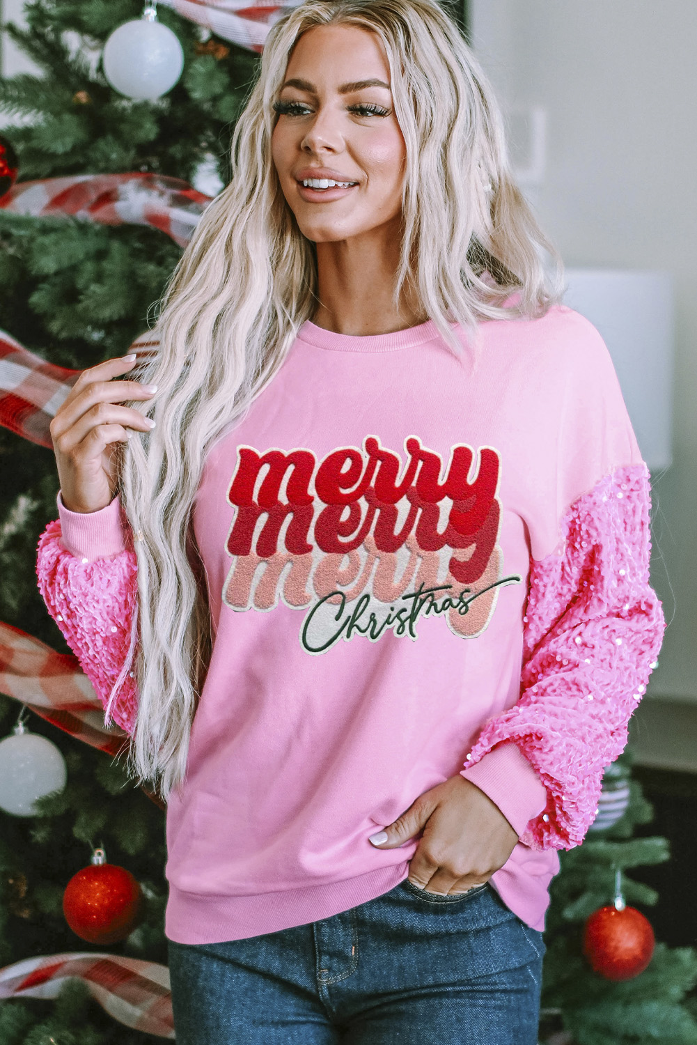 Pink Shiny Father Christmas Graphic Sequin Long Sleeve Top