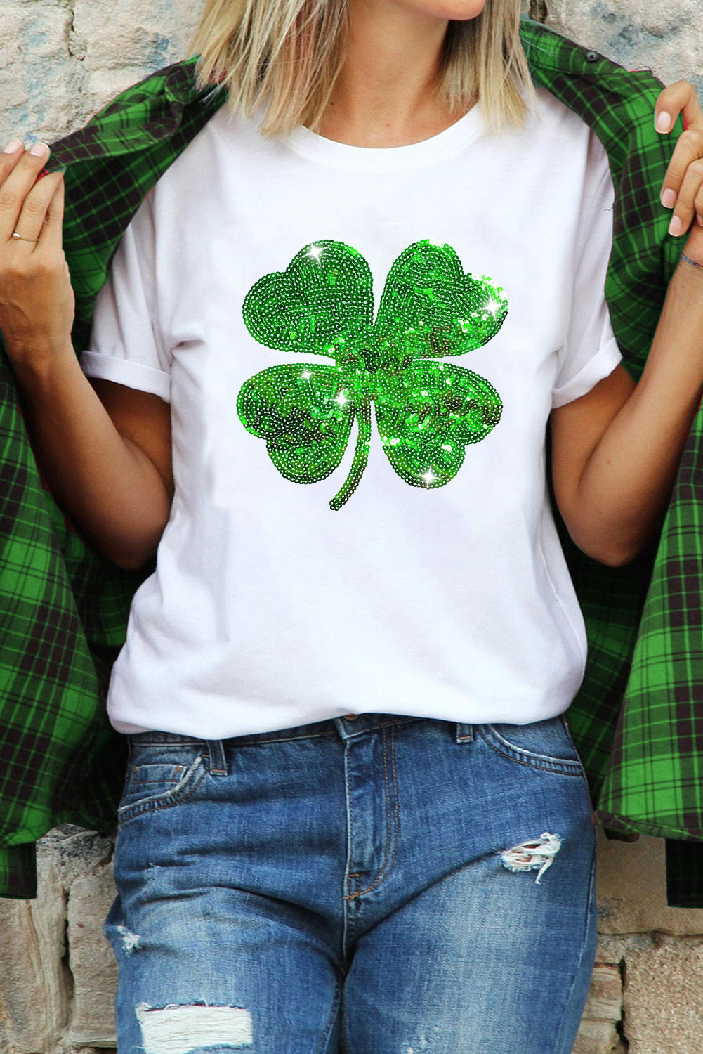 Black St. Patricks Lucky Clover Print O Neck T Shirt