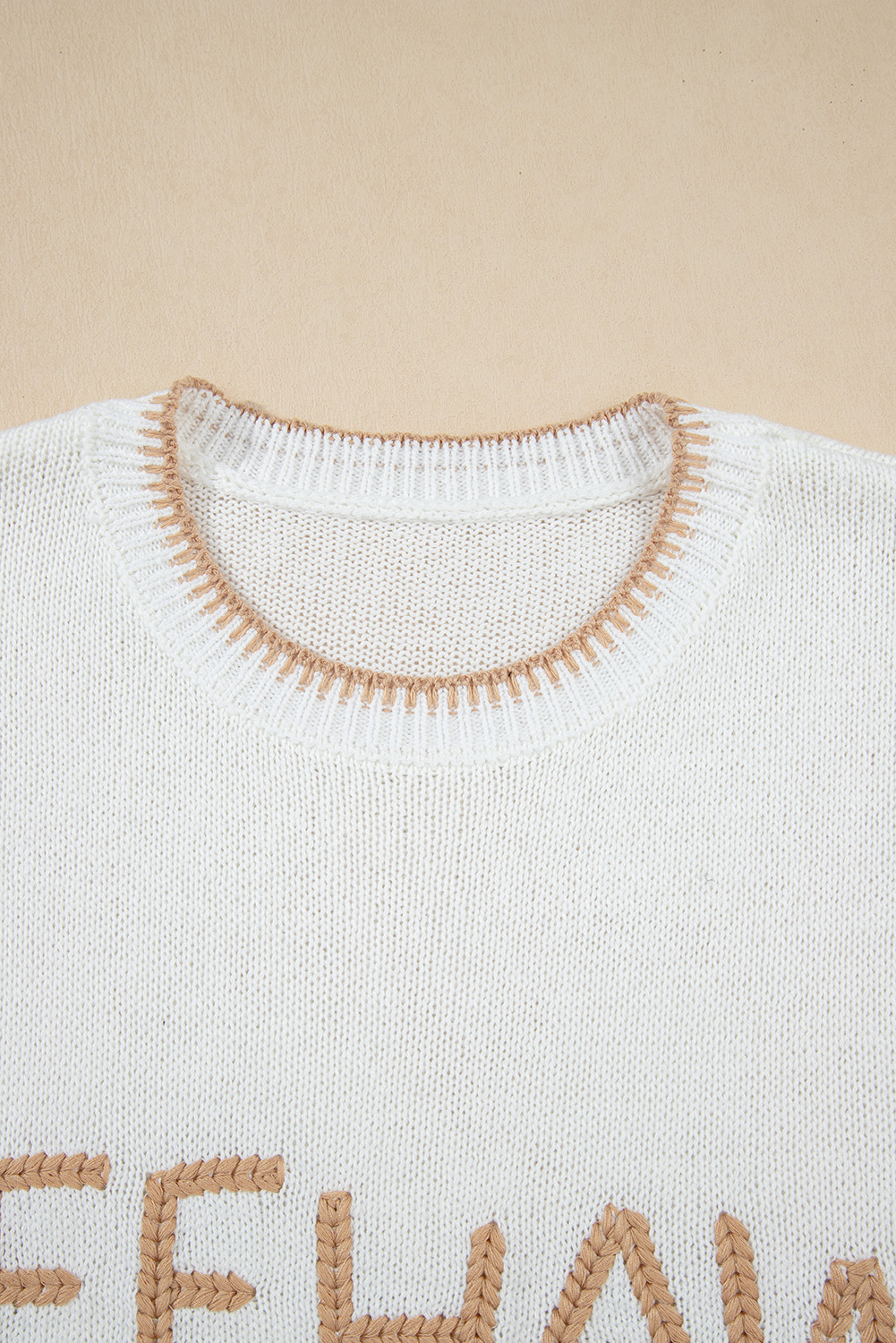 White Knitted YEEHAW Stitch Edge Crew Neck Sweater T Shirt