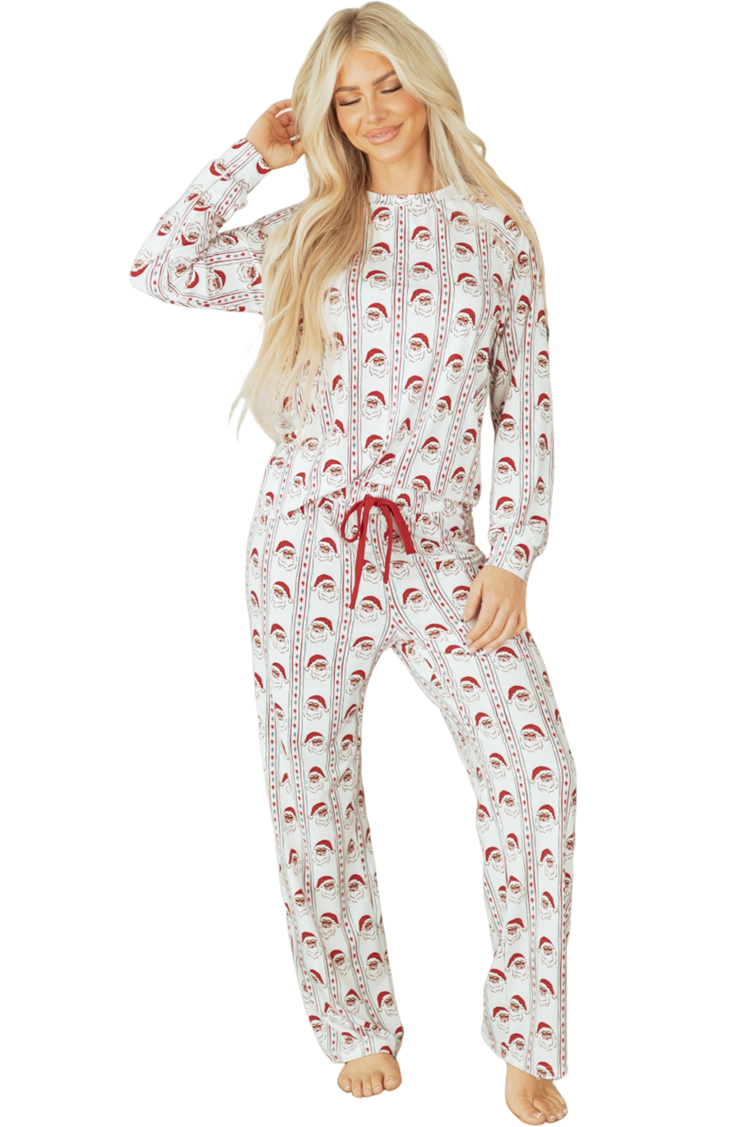 White Father Christmas Striped Print Contrast Drawstring Lounge Pant Set