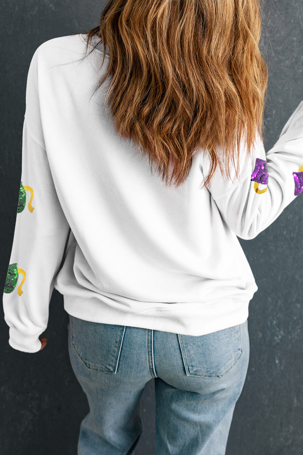 White Sequined Mardi Gras Mask Pattern Drop Shoulder Sweatshirt