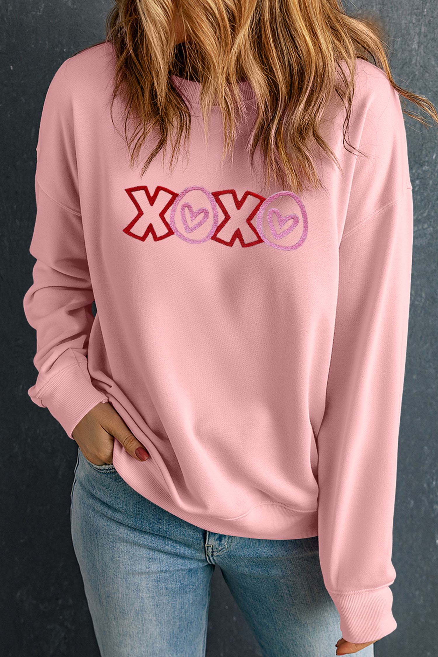 Pink XOXO Playful Embroidered Valentines Day Sweatshirt