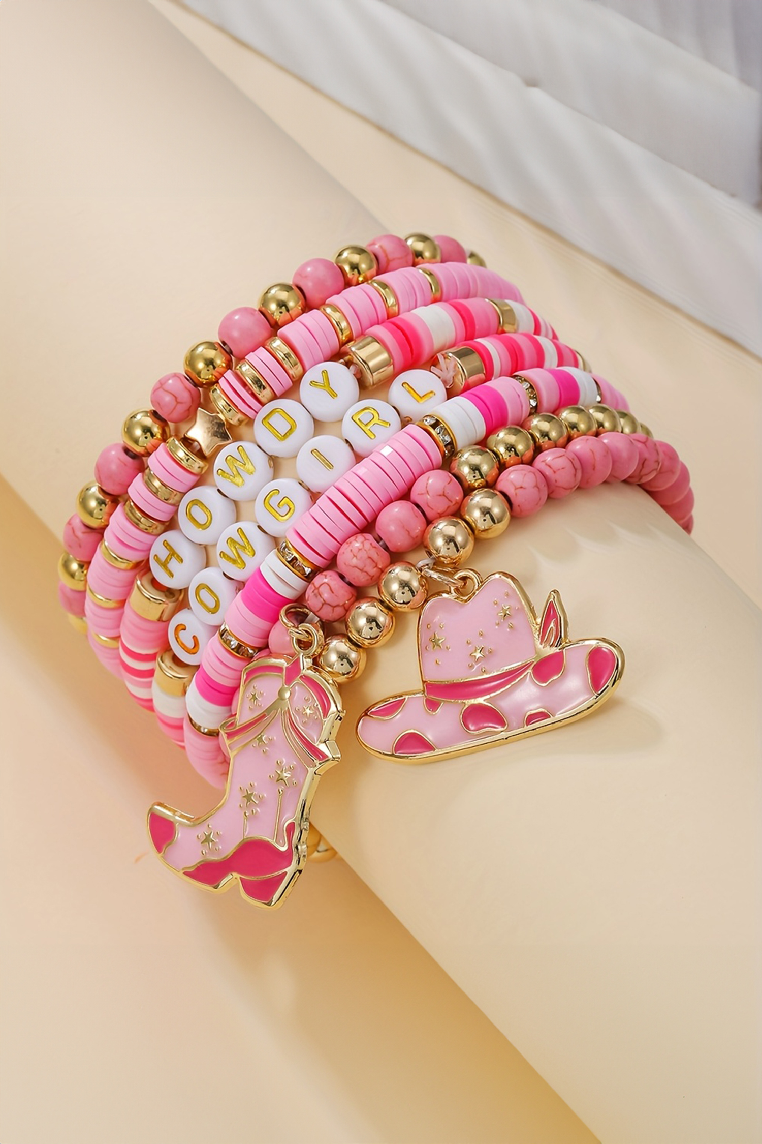 Pink 7pcs HOWDY COWGIRL Hat Boot Beaded Stretch Bracelet Set