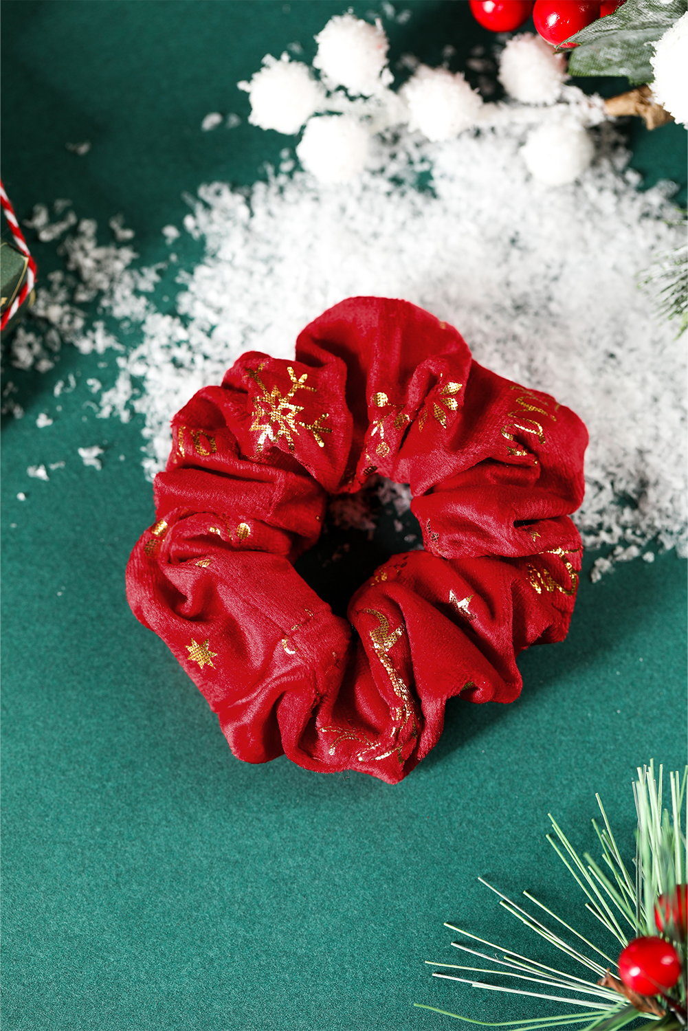 Fiery Red Shimmer Christmas Snowflake Reindeer Print Scrunchie Hair Tie