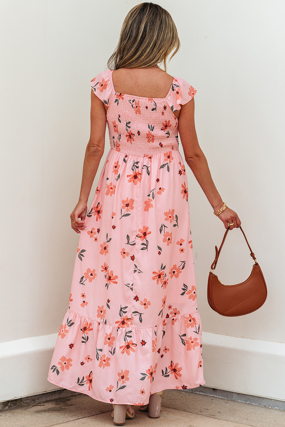 Black V Neck Flutter Sleeve Smocked Bodice High Waist Ruffle Maxi Dress