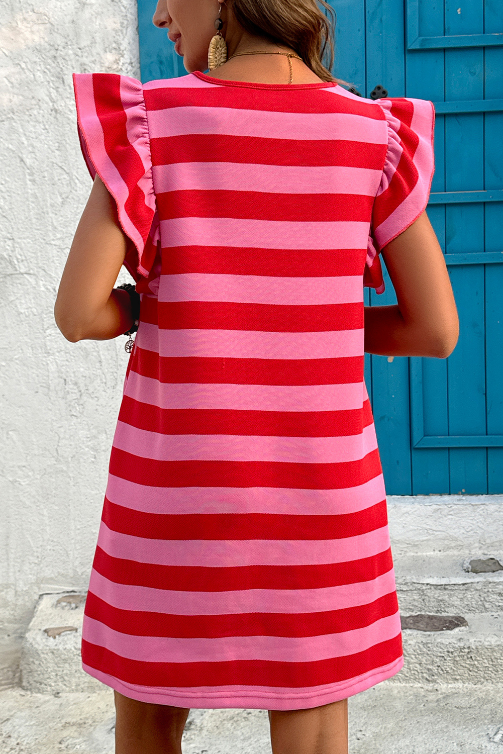 Green Stripe Flutter Sleeve Round Neck Shift Dress