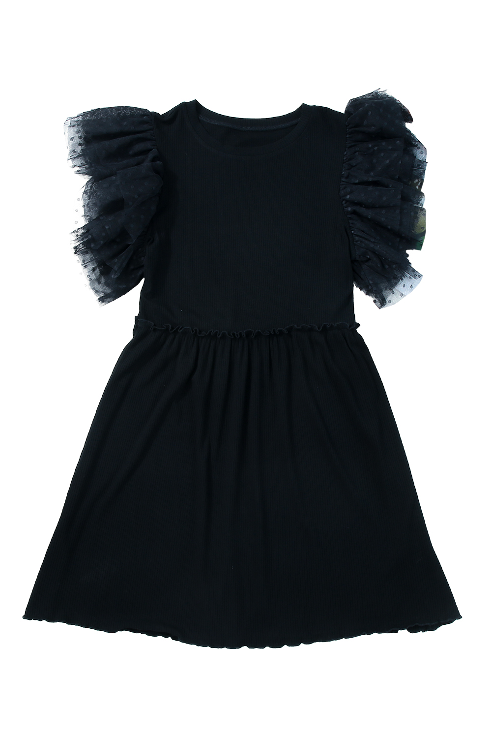 Black Dotty Mesh Ruffle Sleeve Ribbed Knit Babydoll Mini Dress