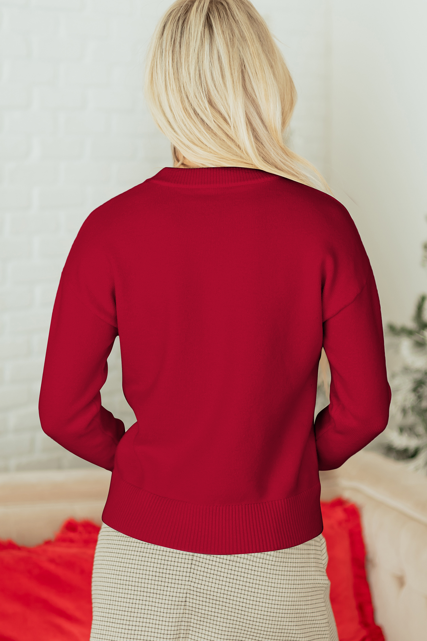 Rose Red Sequined Bow Graphic Christmas Holiday Sweater