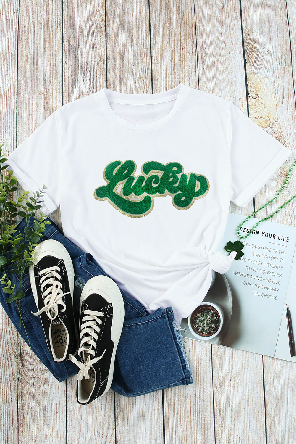 Black St. Patricks Lucky Clover Print O Neck T Shirt