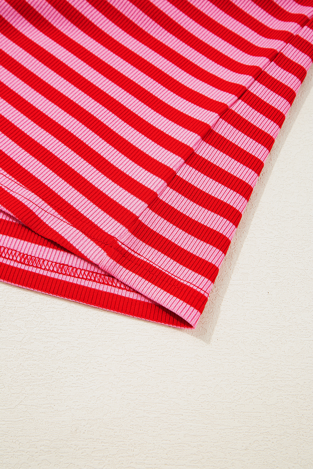 Sky Blue Stripe Ribbed Cap Sleeve Round Neck T Shirt