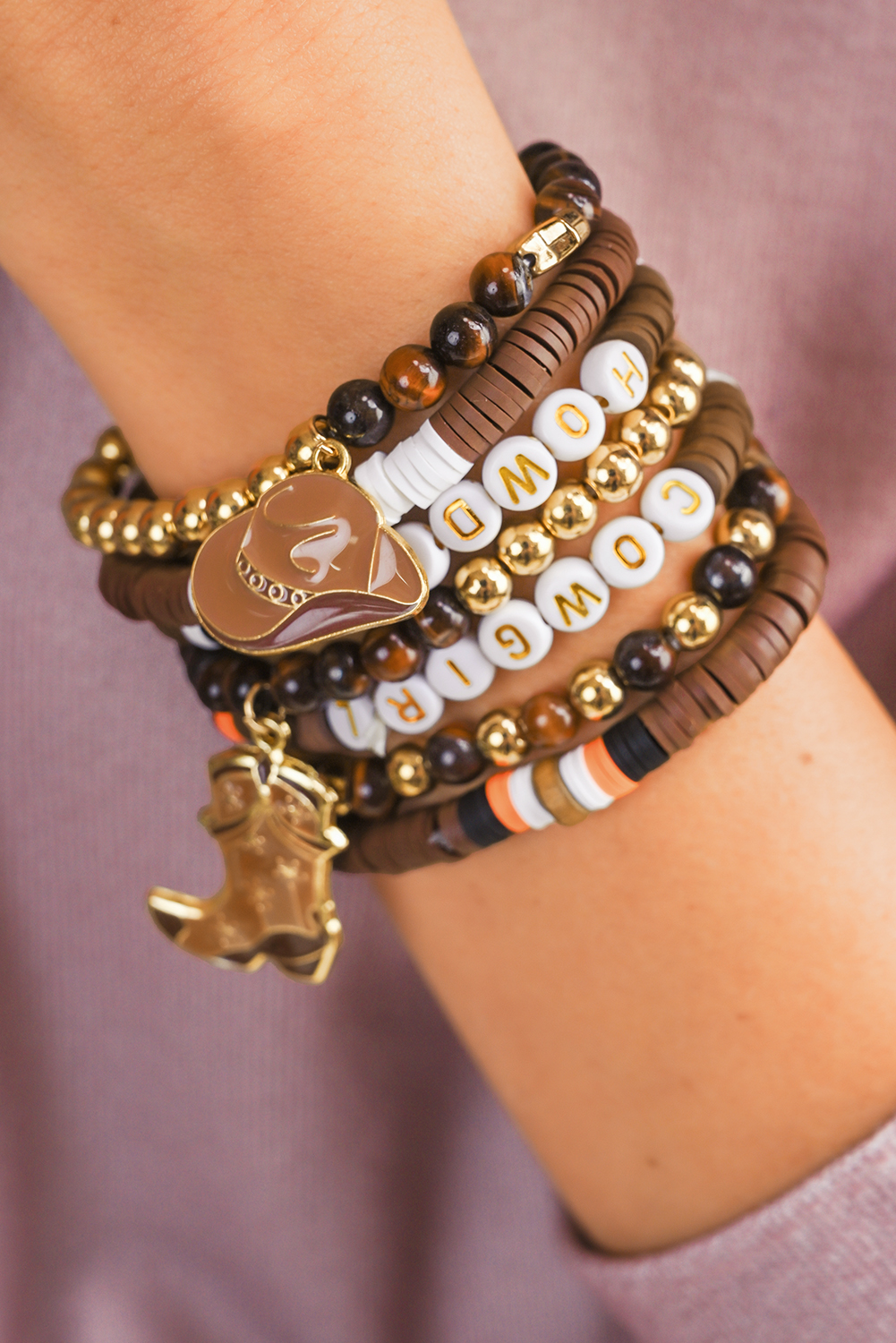 Coffee HOWDY COWGIRL Western Beaded 7pcs Stretch Bracelet Set