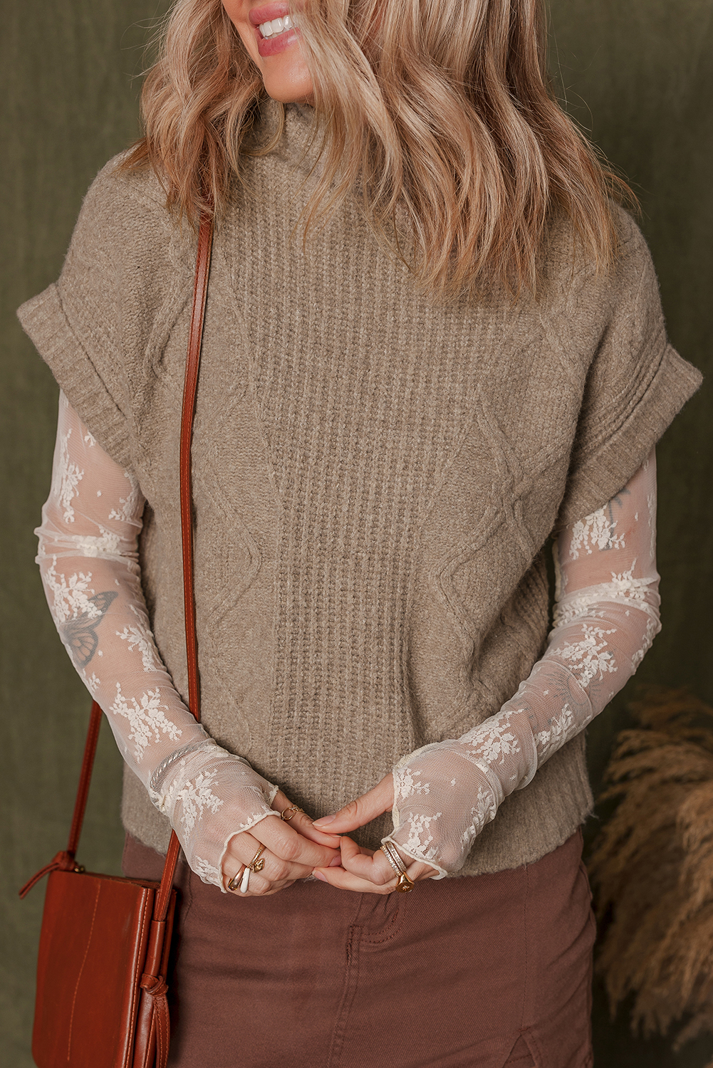 Smoke Gray Textured Knit High Neck Sweater T Shirt