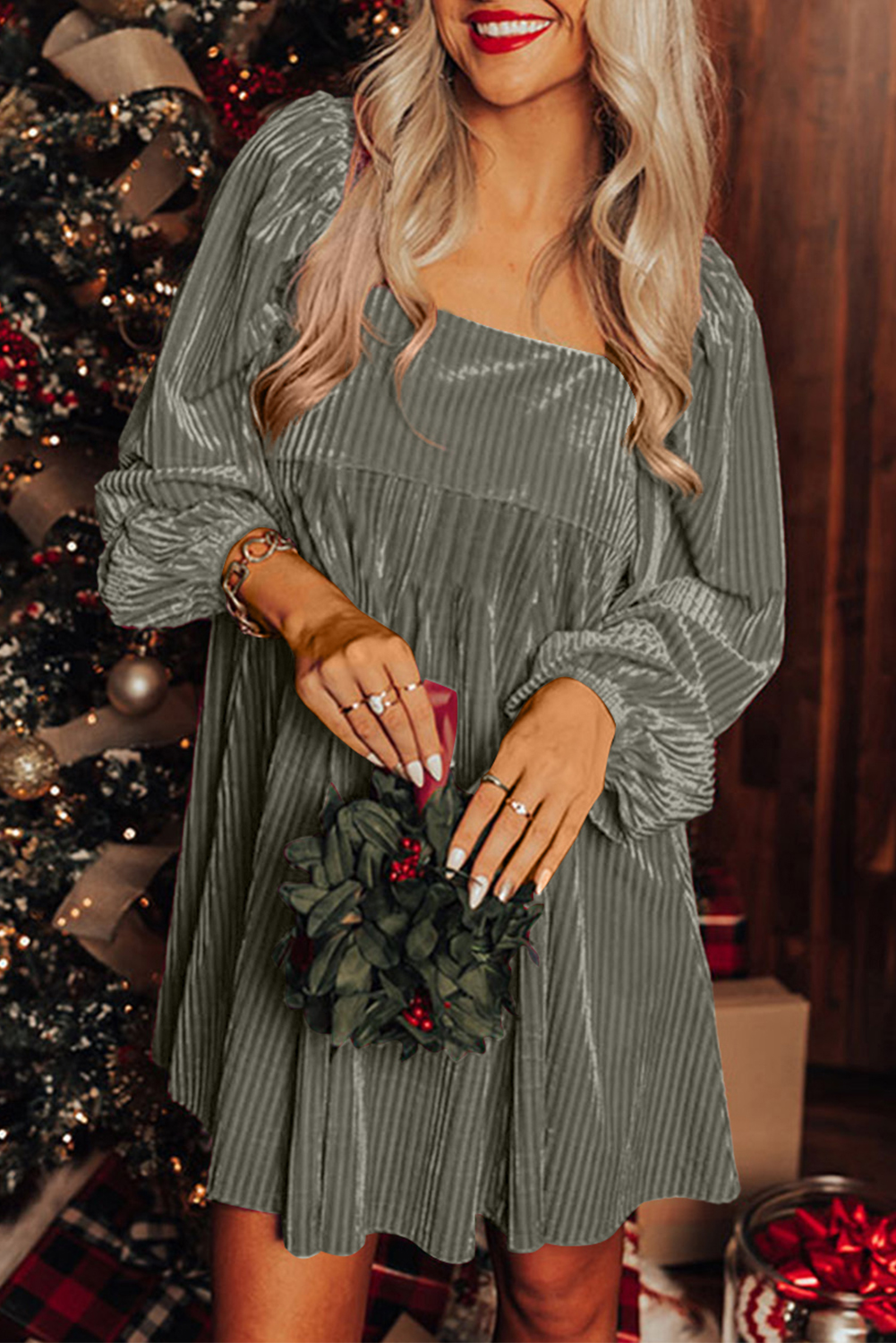 Gray Tie Back Square Neck Velvet Babydoll Dress