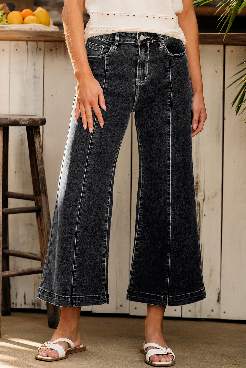Black Plain Seam Detail Flared Bottom Ankle Length Jeans
