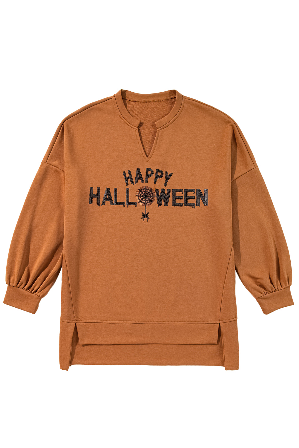 Medium Grey Sequin Happy Halloween Graphic Notched Neck Long Sleeve Loose Top