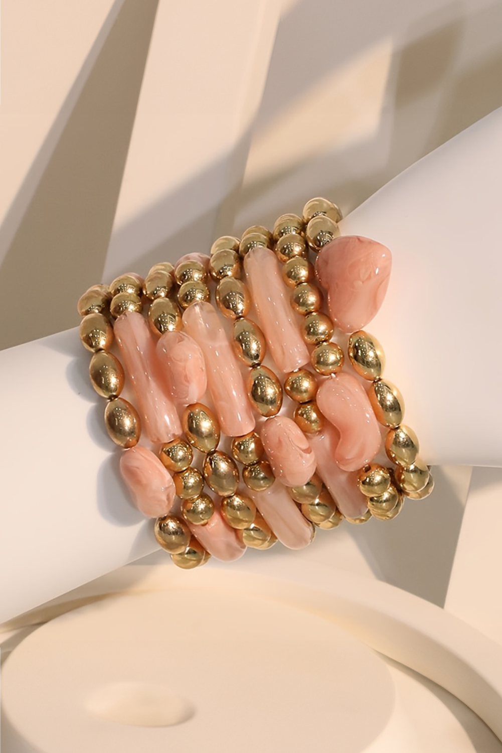 Gold Plated Bead Acrylic Detail 3D Heart Accent 8pcs Bracelet Set