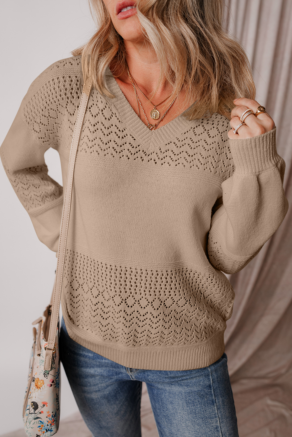 Sky Blue Eyelet Pattern Detail V Neck Drop Shoulder Sweater