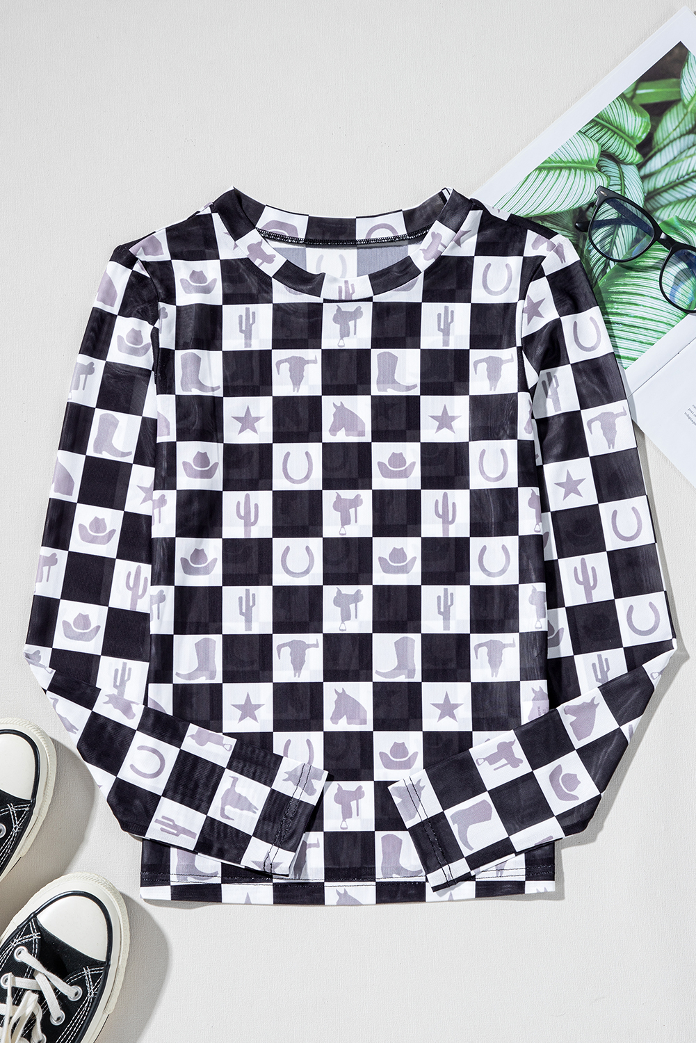 Khaki Checkered Pattern Mesh Mock Neck Long Sleeve Top