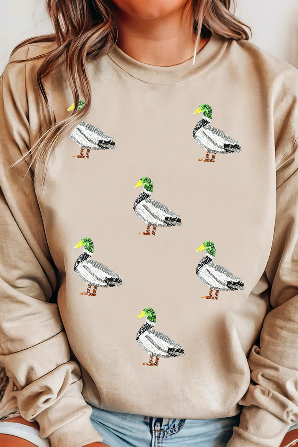 Khaki Sequin Mallard Duck Graphic Baggy Sweatshirt