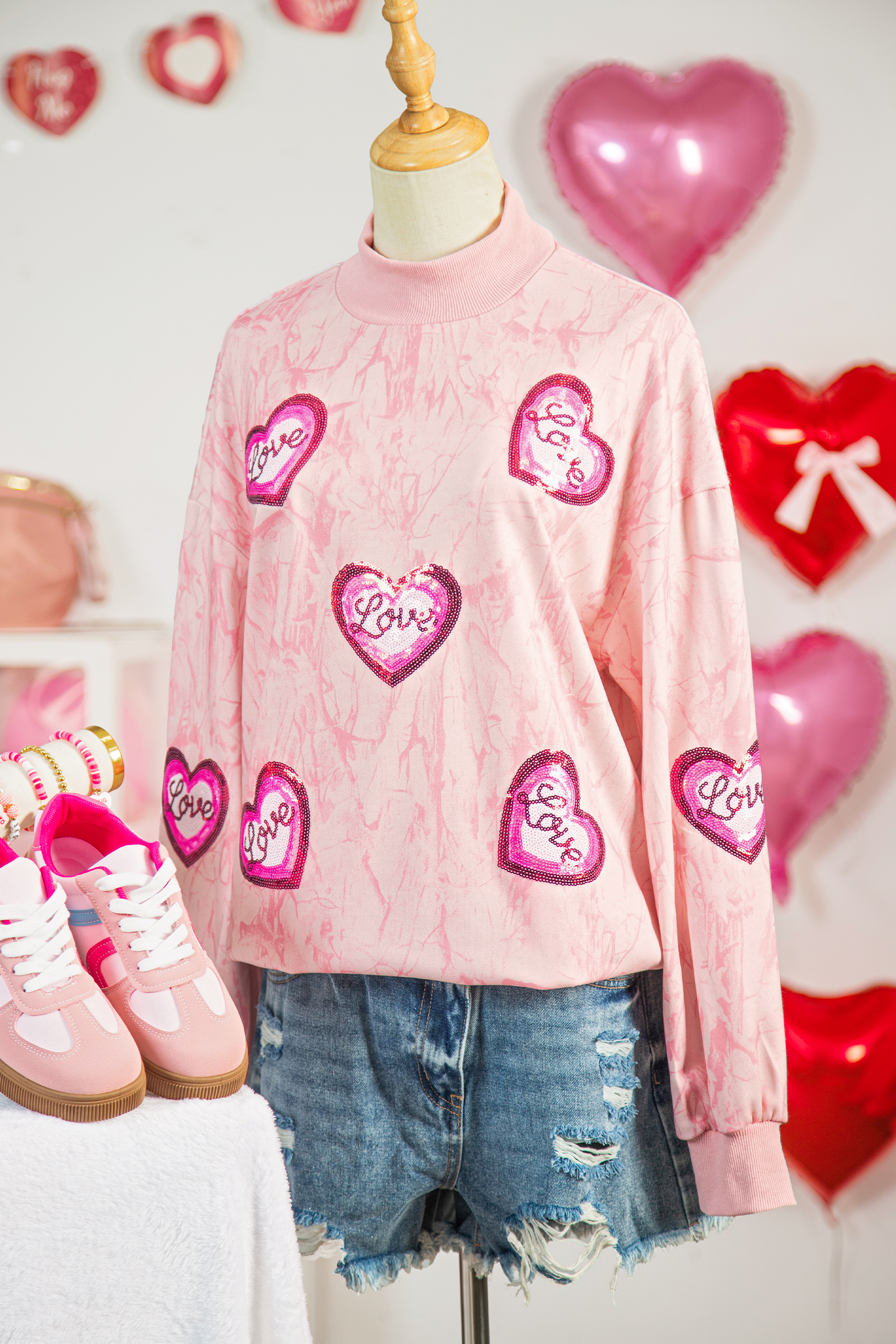 Pink Tie Dye Camo Sequin Love Heart Patched Mock Neck Sweatshirt