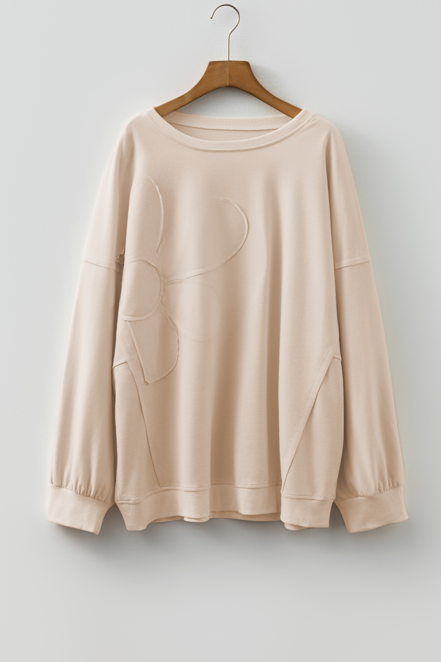 Beige Raw Edge Flower Patch Drop Shoulder Casual Top
