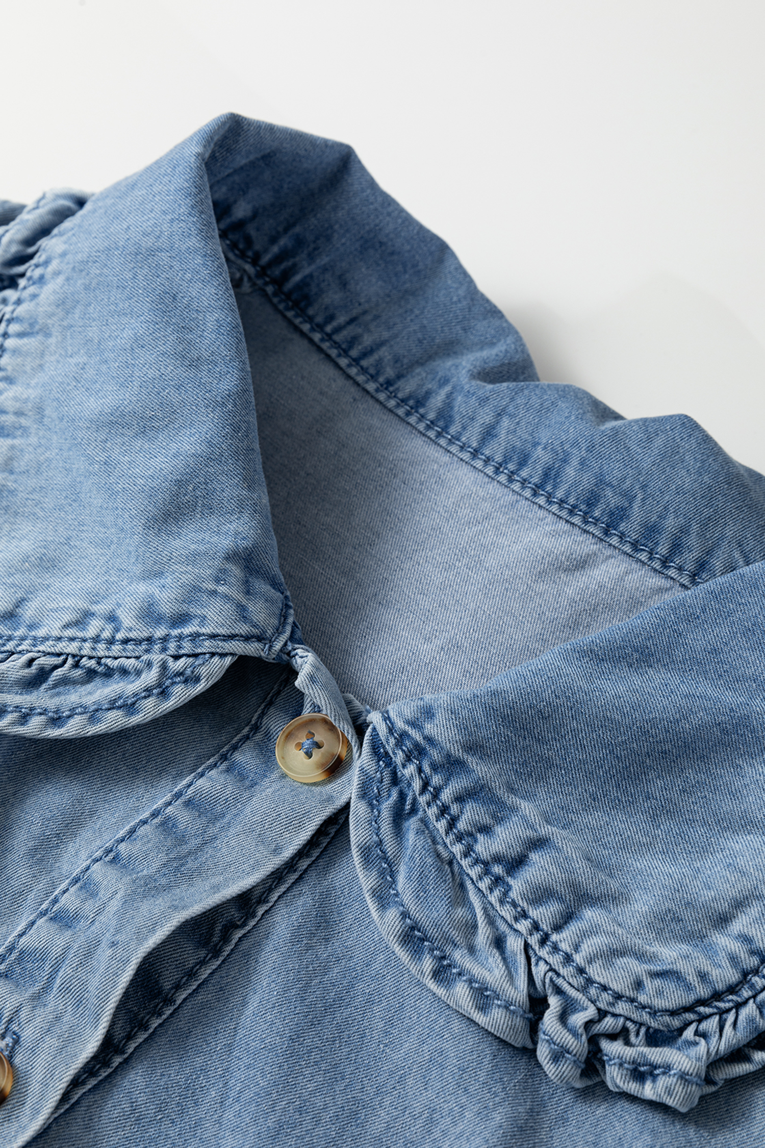 Beau Blue Ruffled Peter Pan Collar Western Denim Shirt