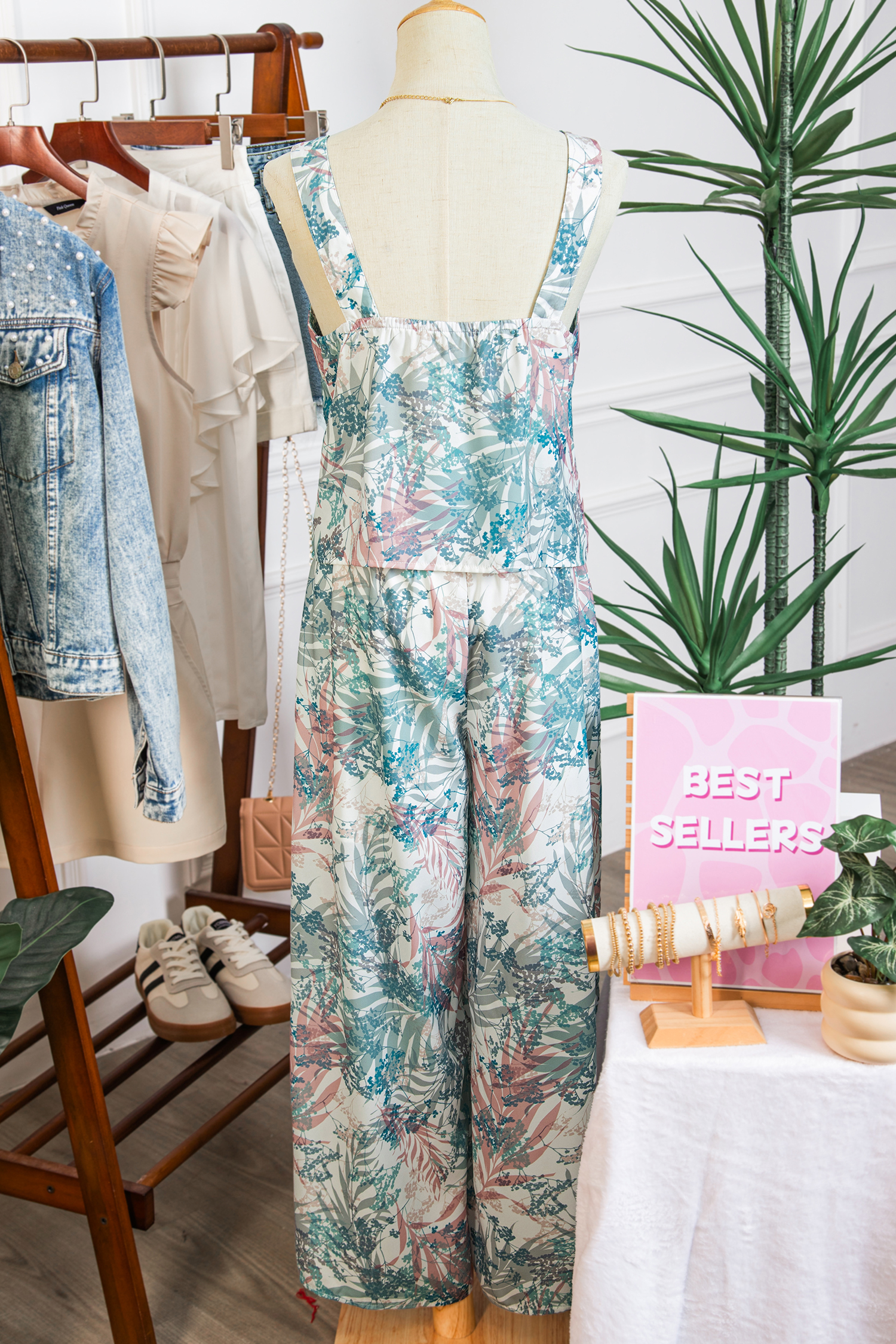 Green Tropical Palm Printed Cropped Tank Drawstring Wide Leg Pant Set