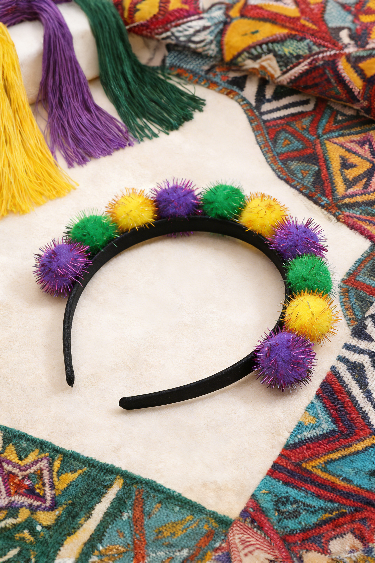 Tillandsia Purple Tinsel Pompom Mardi Gras Plastic Headband