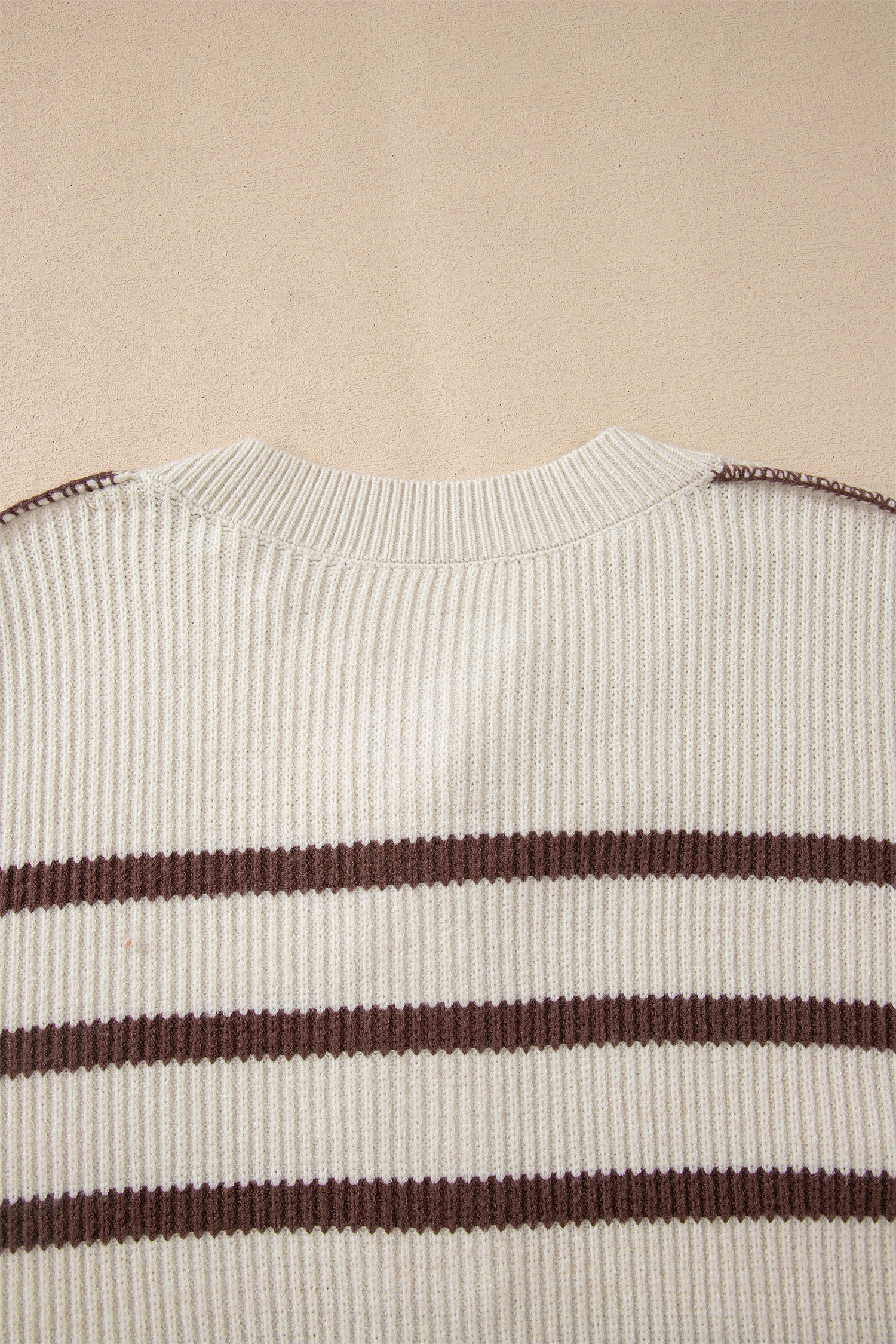 Brown Stripe Ribbed Henley Drop Shoulder Slouchy Sweater