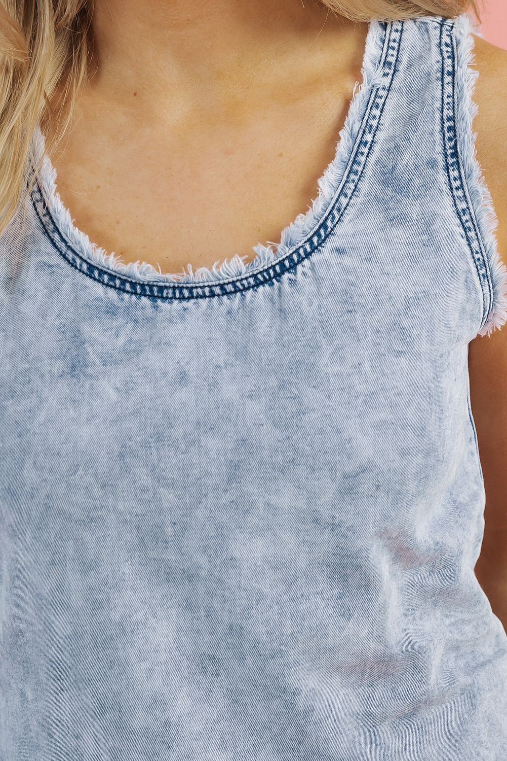 Beau Blue Mineral Wash Denim Frayed U Neck Sleeveless Top