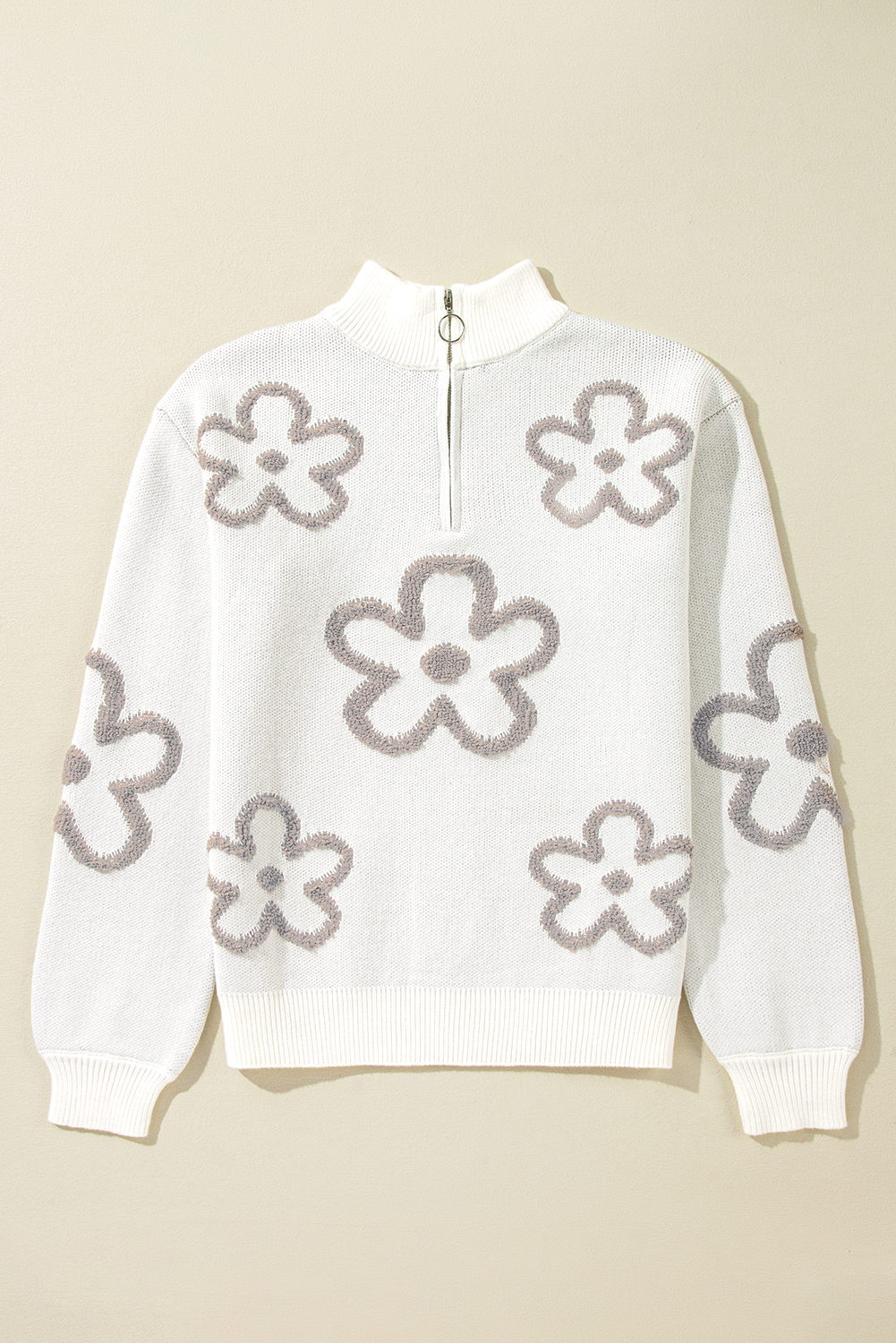 Parchment Contrast Flower Half Zipper Stand Neck Sweater