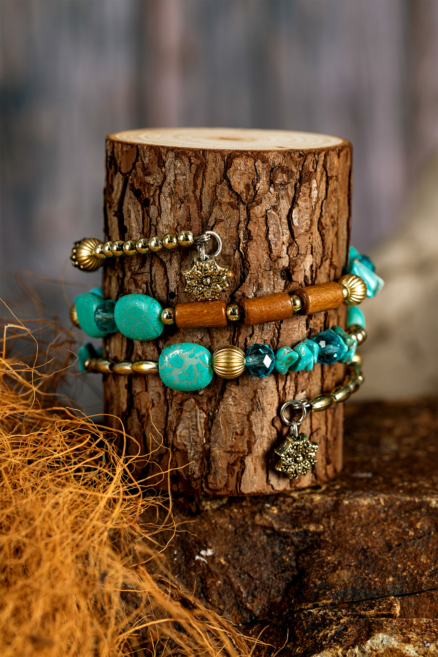 Turquoise Bohemian Style Crystal Stone Plated Bead Multi-Layer Winding Bracelet