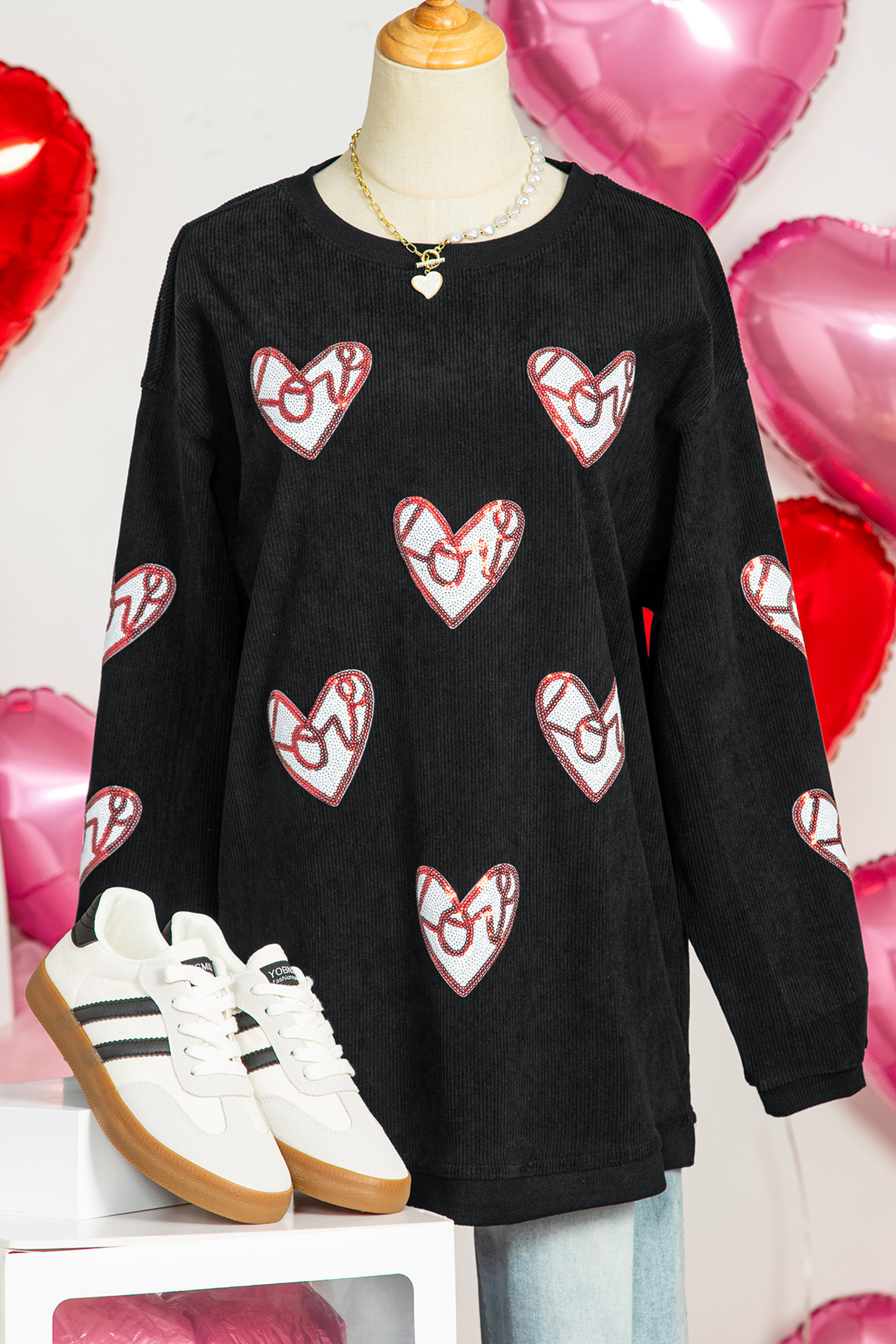 Black Corded Ribbed Love Heart Sequin Patched Graphic Sweatshirt