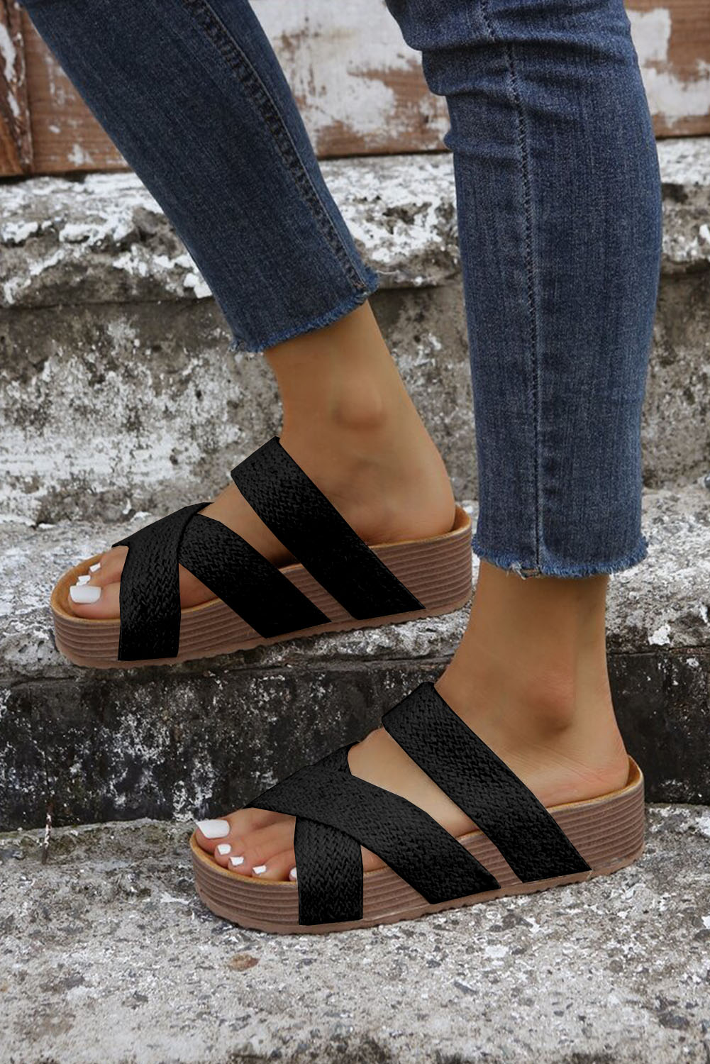 Brown Woven Cross Criss Hollowed Slip-On Slippers