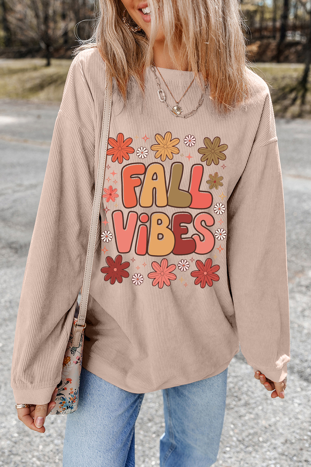 Apricot Twisted Rib FALL VIBE Graphic Baggy Sweatshirt