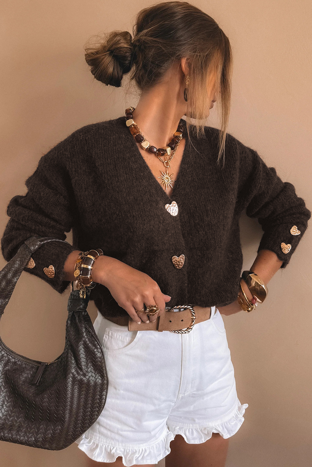 Fiery Red Heart Metal Button V Neck Cardigan Sweater